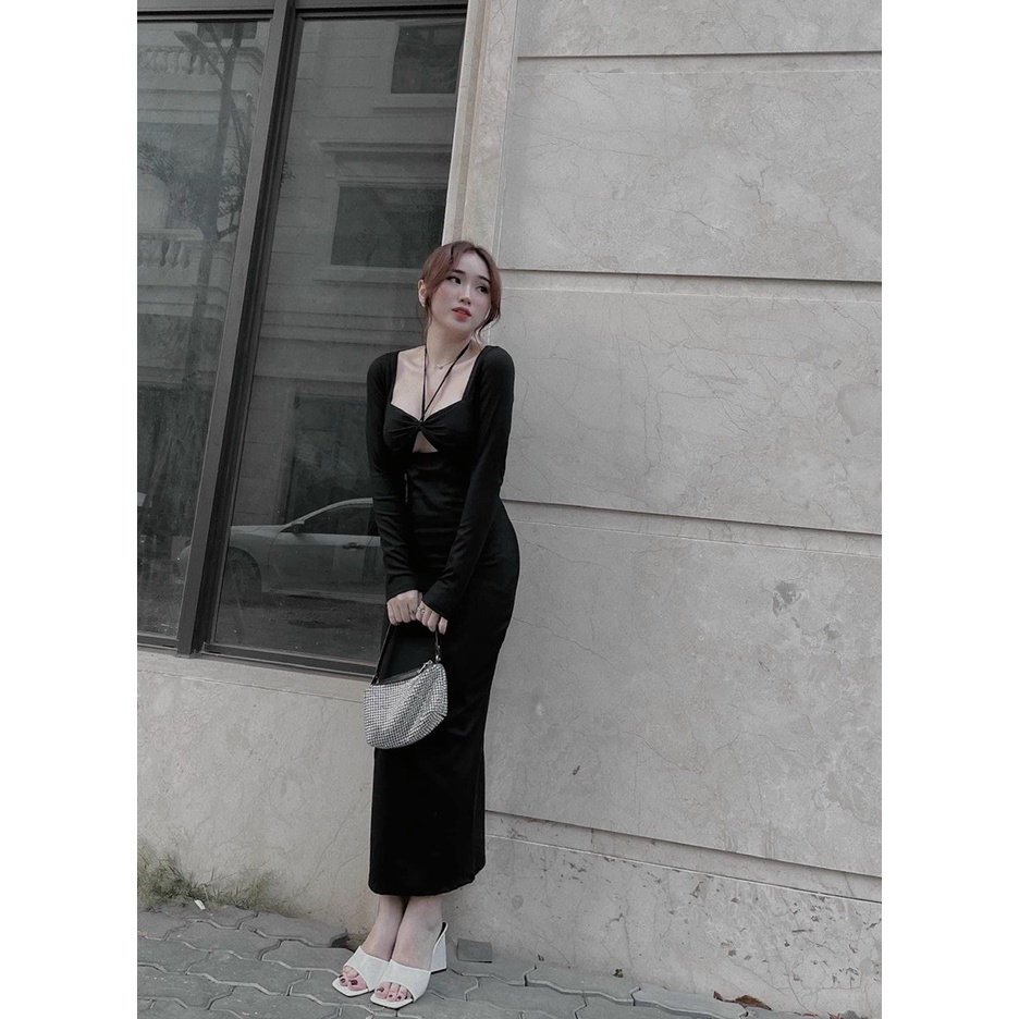 [10.10 Sale Freeship] Đầm body ôm dáng cổ yếm dây rút ngực cực tôn dáng đi dạo phố dự tiệc sang chảnh sexy