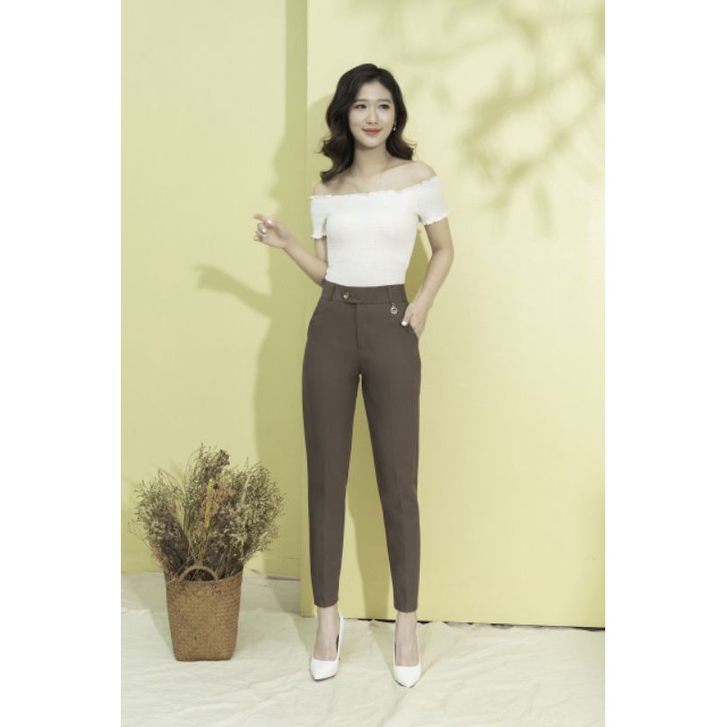 Quần vải nữ công sở cạp cao ống đứng kèm đai màu xanh Chất vải 2 Biên mềm - Quần tây nữ lưng cao đi học sinh dáng baggy