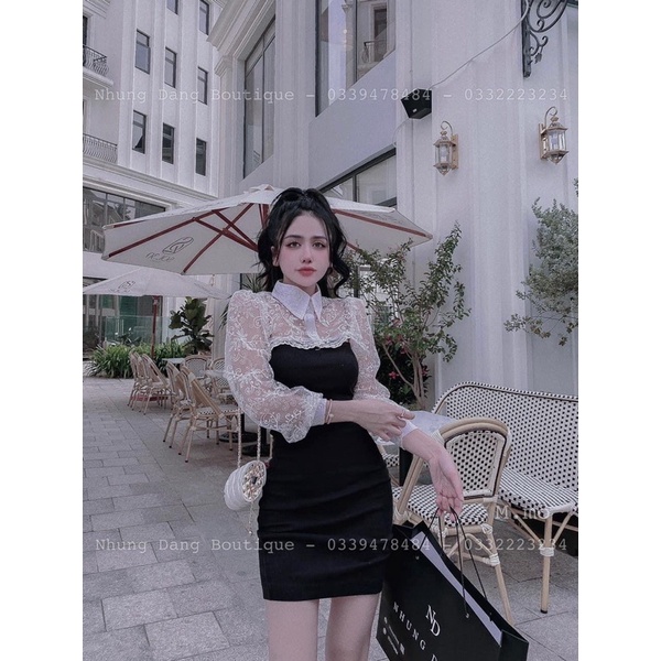 Váy dây body đen phối ren