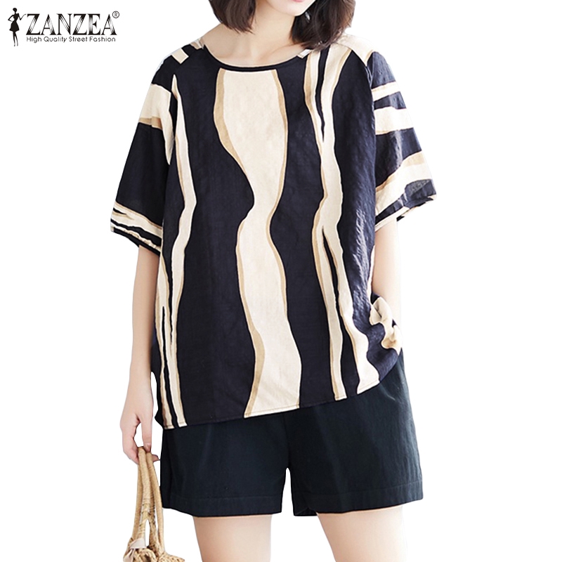 ZANZEA Áo Kiểu Nữ Ngắn Tay Cổ Tròn Thời Trang Hàn