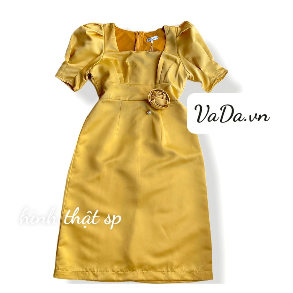Đầm tay ngắn cổ vuông eo kết hoa cài  đi dự tiệc, đi chơi cực kỳ sang chảnh -Thời Trang VADA -(VB69)