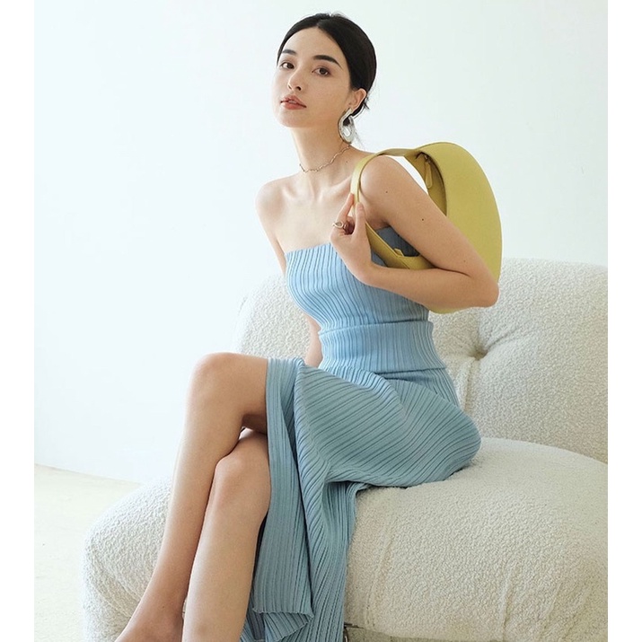 Set áo ống và chân váy xẻ len gân Xanh dương