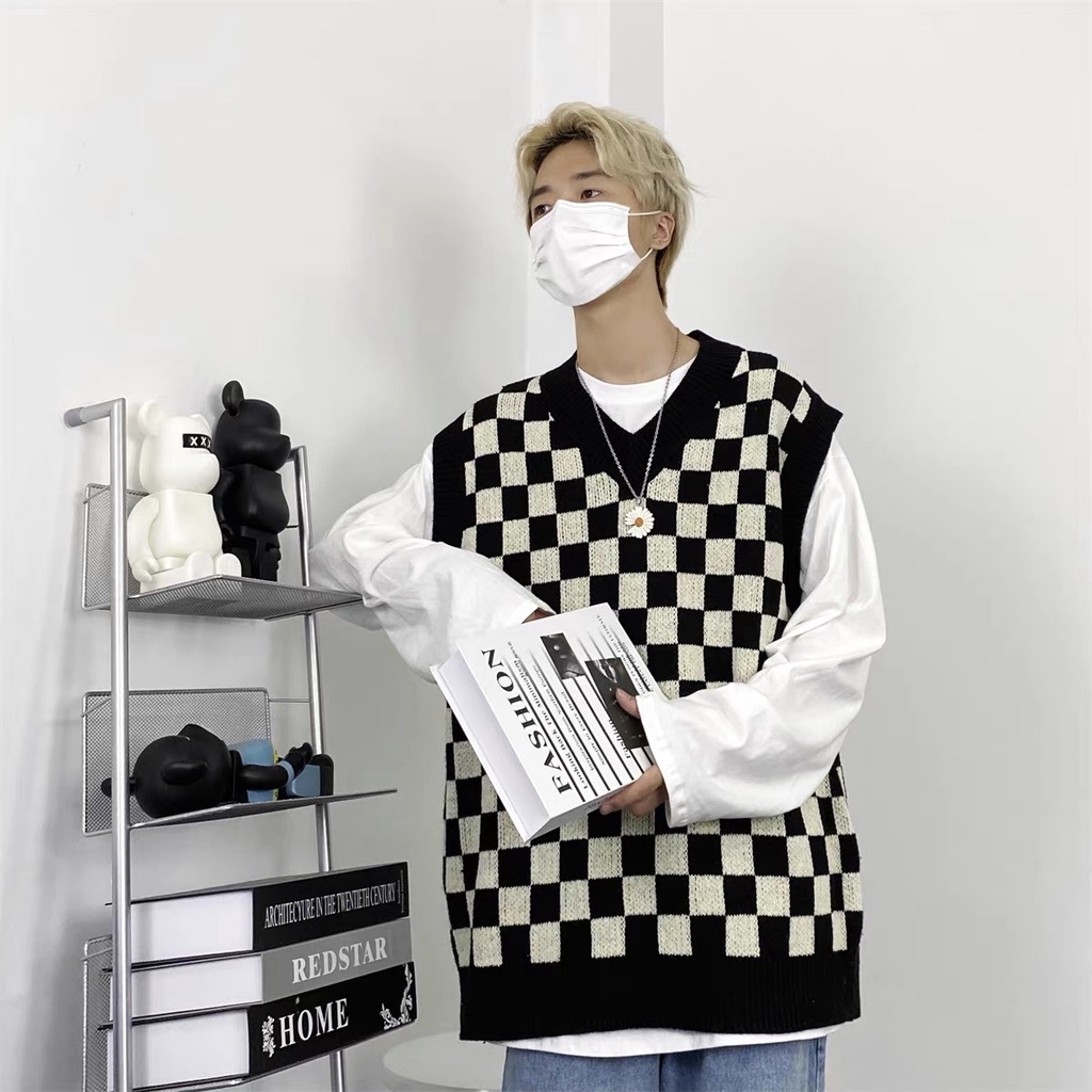 Áo gile kẻ caro vintage, áo không tay len co dãn, có bigsize phong cách softboy, gi-lê nam nữ