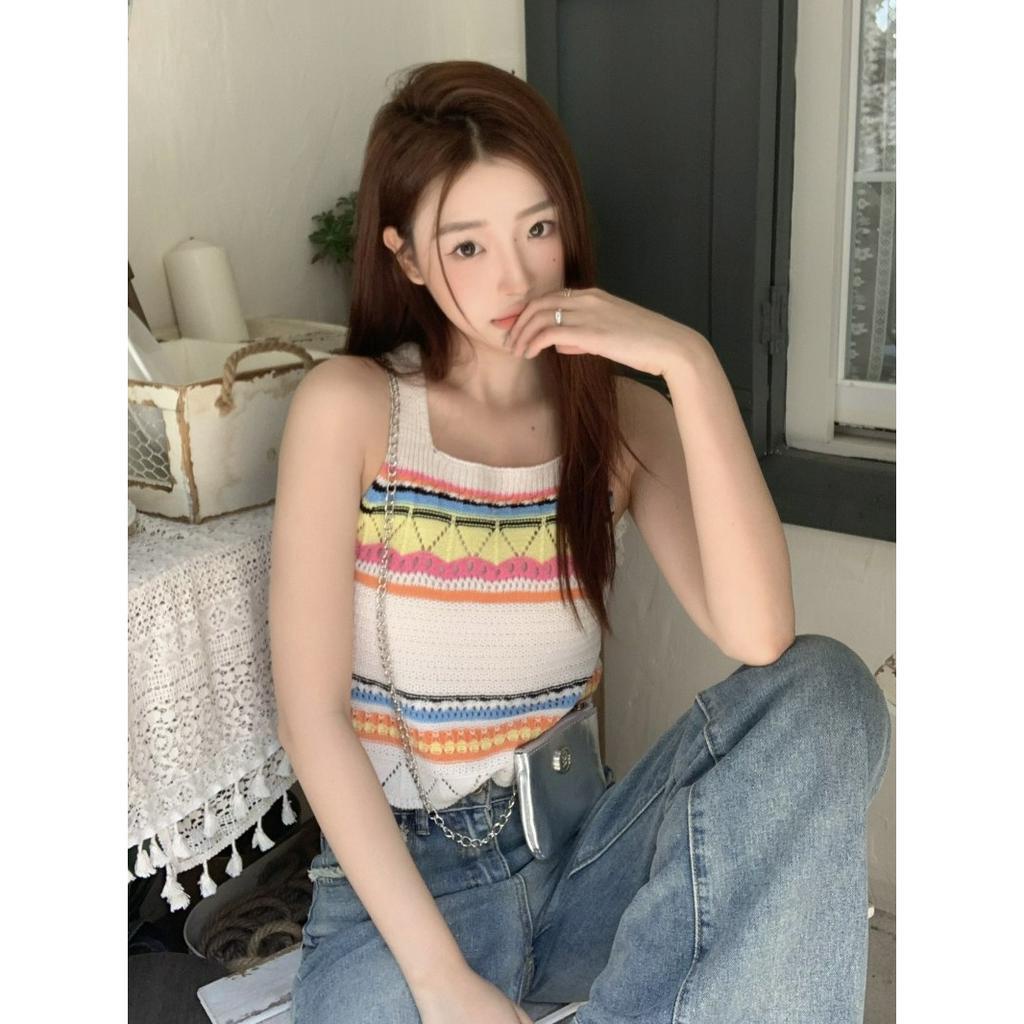 ZHELIHANGFEI Áo Dệt Kim Không Tay Màu Sắc Tương Phản Phong Cách Retro Dành Cho Nữ