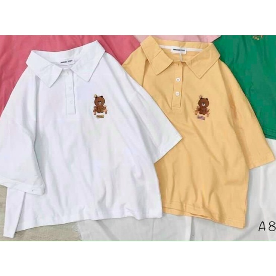 Áo thun nam nữ tay lỡ Polo form rộng unisex logo GẤU NGỒI GHẾ GỖ Freesize &lt;70kg