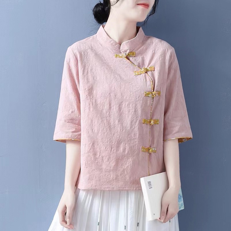 Áo linen cotton mỏng mát tay ngắn cổ chéo cài nút tấm phong cách Trung Hoa