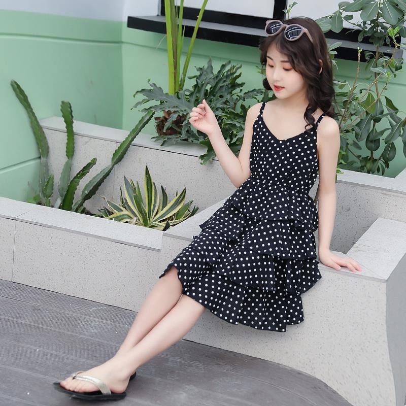 váy cho cô gái polka chấm trẻ em sling váy trẻ em quần áo AKKU