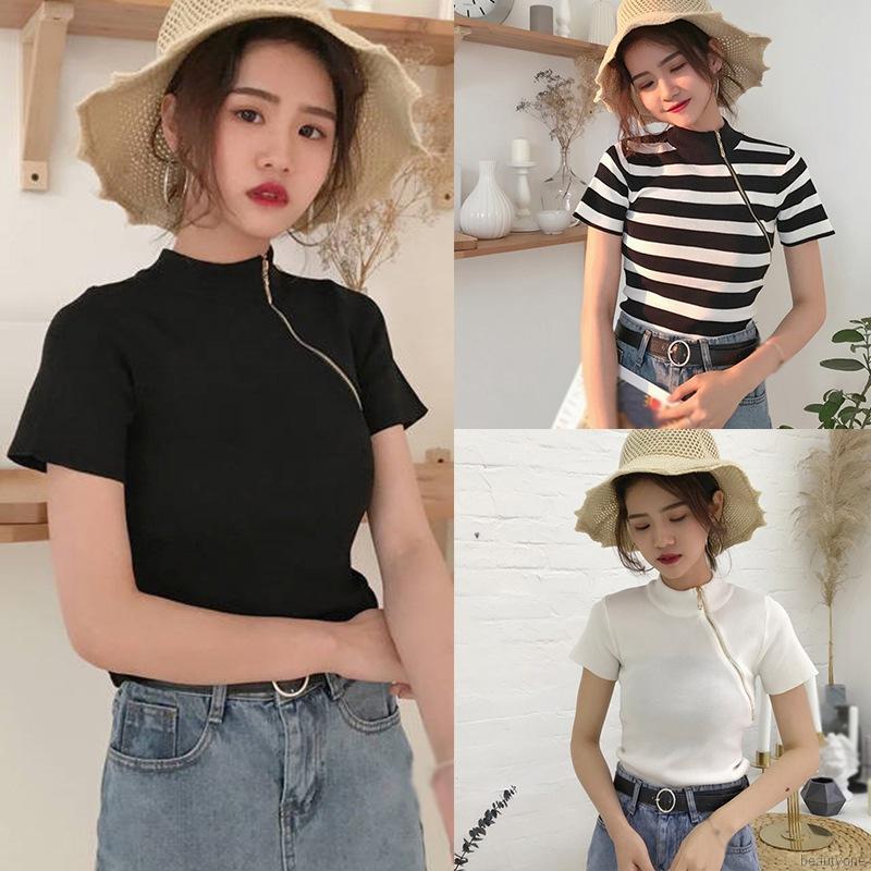 Áo dệt kim tay ngắn phối khoá kéo phong cách Hàn Quốc