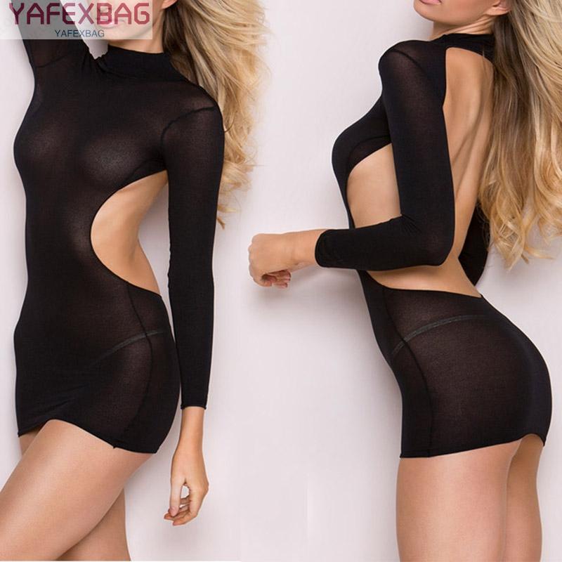 Dress Sexy Cocktail Ladies See through Above Knee Clubwear Long Sleeve
