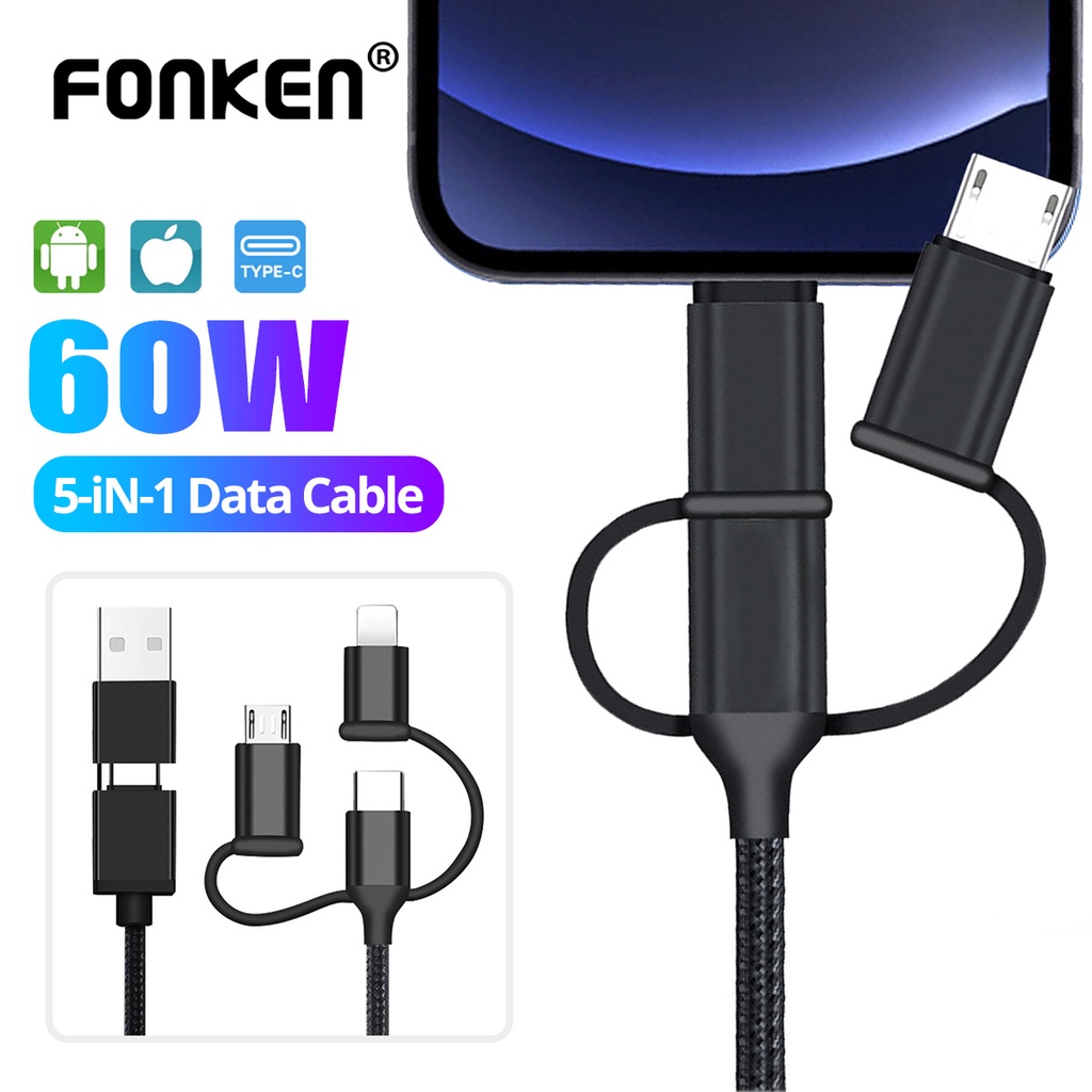 Cáp sạc FONKEN QC 3.0 5 trong 1 PD 60W thích hợp cho iPhone 13 12 Huawei Xiaomi Samsung Tablet Laptop tốc độ nhanh