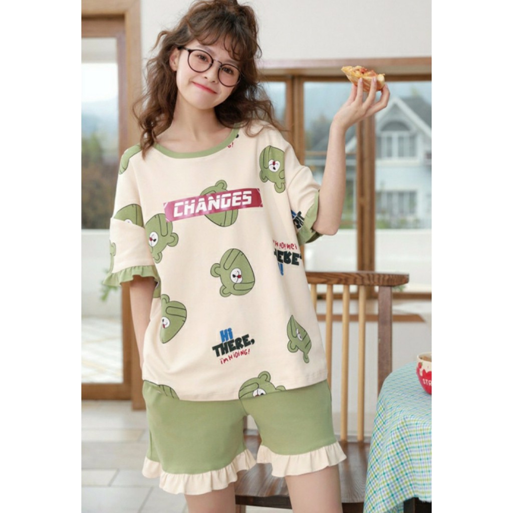Bộ mặc nhà cao cấp 100% Cotton hàng Quảng Châu- Bộ trắng nền xanh