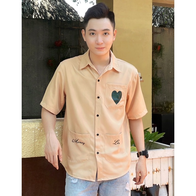 Áo Sơ Mi Tay Lỡ Unisex Phối 3 túi in Hình chất vải dày đẹp Mr Smile 99 Shop
