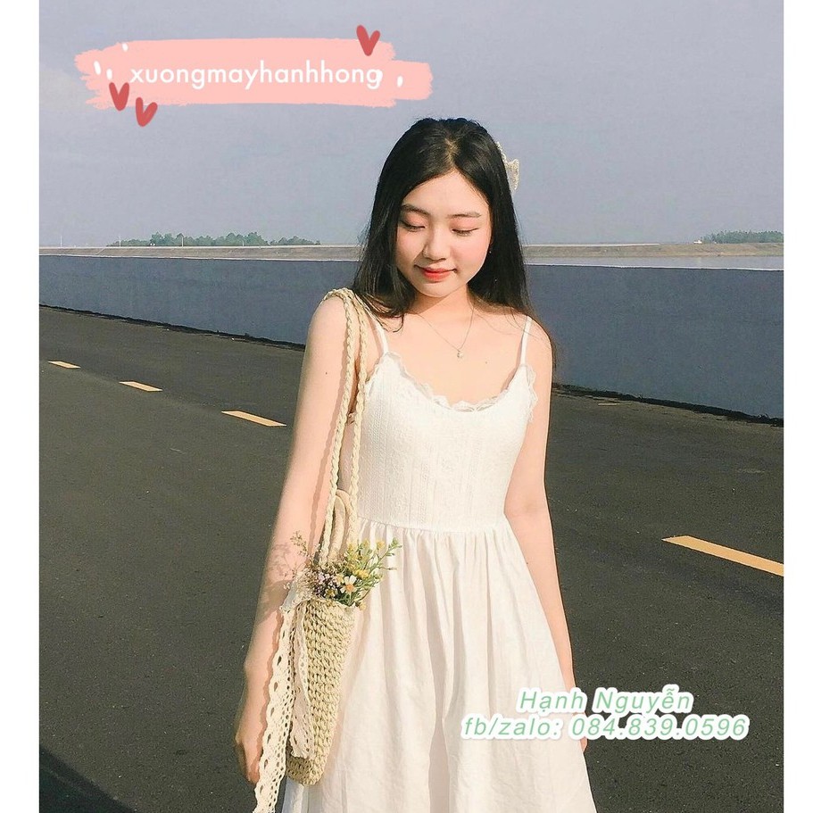 Váy 2 dây maxi ren trắng Ulzzang Quảng Châu cực xinh đi biển, du lịch, Đầm xoè hai dây - Xưởng May Hạnh Hồng