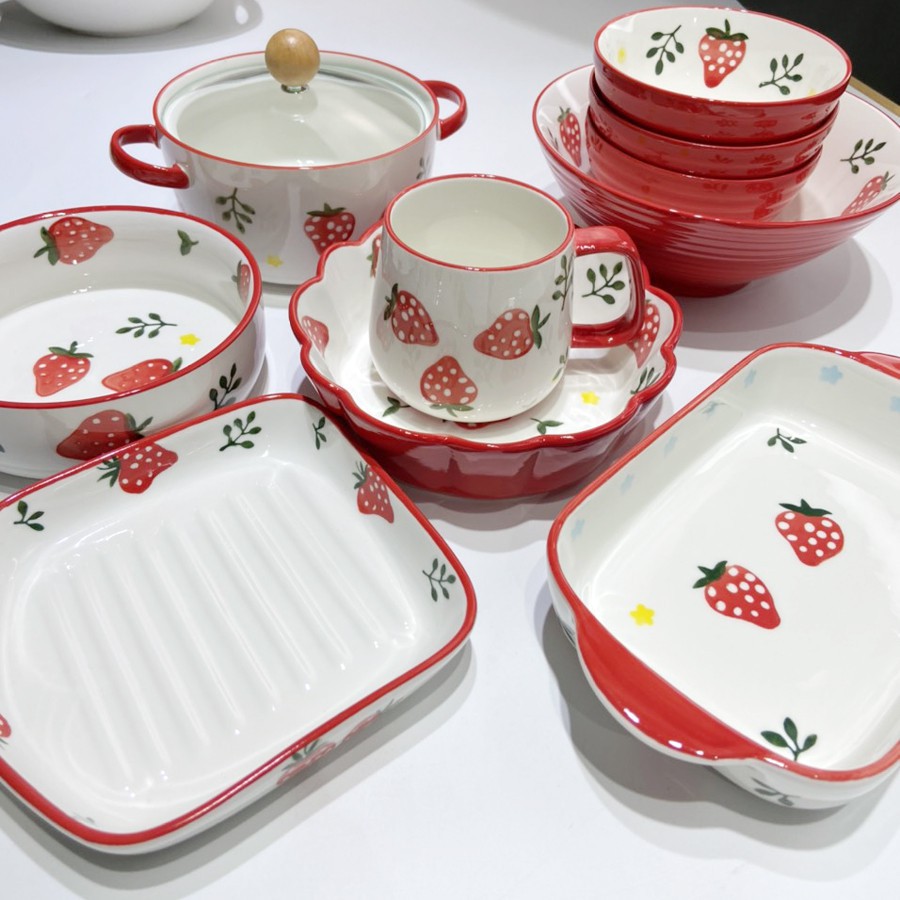 Bát đĩa, bát đĩa sứ phong cách Hàn Quốc 8 món họa tiết dâu tây đỏ cực xinh