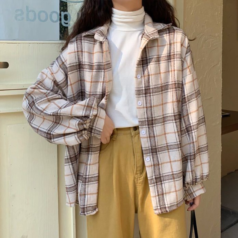 Áo sơ mi tay dài phối nút hoạ tiết ca rô phong cách hàn quốc có size 5xl