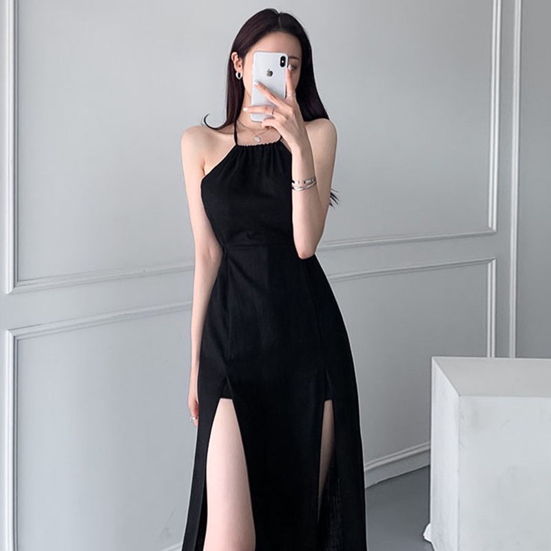 Đầm hai dây ôm eo có dây buộc điều chỉnh đằng sau váy dài xẻ tà cá tính thanh lịch trưởng thành cho các nàng