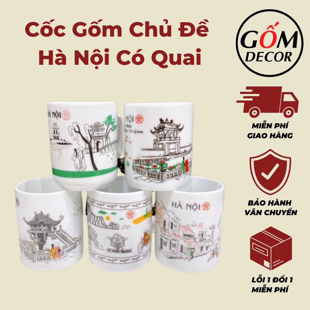 Cốc gốm chủ đề Hà Nội, ca uống nước có quai gốm Bát Tràng hàng chính hãng (chọn mẫu)