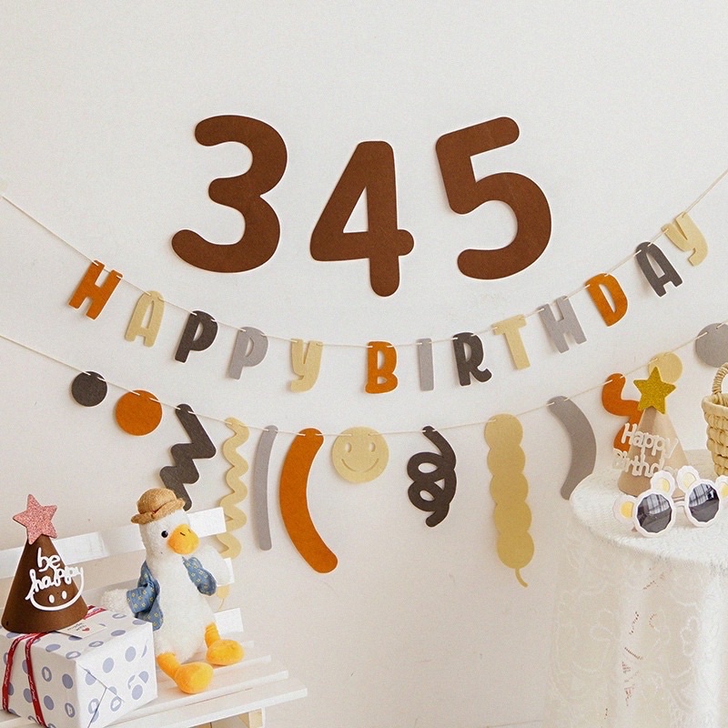 Dây chữ Happy Birthday, số tuổi vải dạ màu nâu tây trang trí sinh nhật phong cách Hàn Quốc