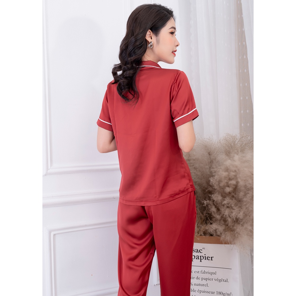 Bộ pijama cộc tay quần dài lụa đỏ Hoa Việt