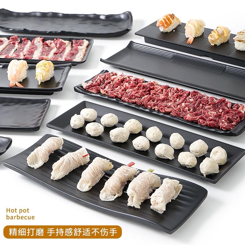 < Chất Lượng Cao * Đĩa Nhựa Melamine Dài Mặt Phẳng Màu Đen Hình Chữ Nhật Cho Bàn Ăn