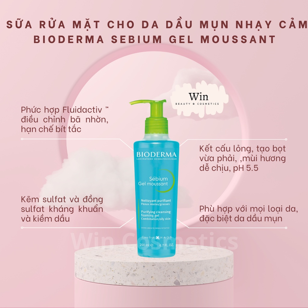 Sữa rửa mặt dạng gel cho da dầu mụn nhạy cảm B.I.0.D.E.R.M.A Sebium Purifying Cleansing Foaming Gel