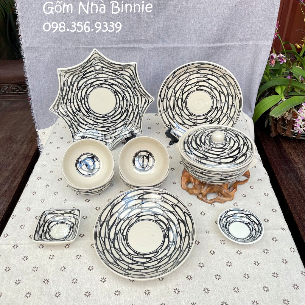 Bộ Bát Đĩa sứ Bát Tràng vẽ đàn cá - Set gia đình nhỏ 10 món