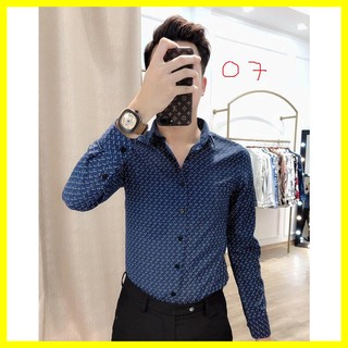 Sơ mi nam phối họa tiết màu xanh than chất mềm mịn form ôm nhẹ dành cho nam