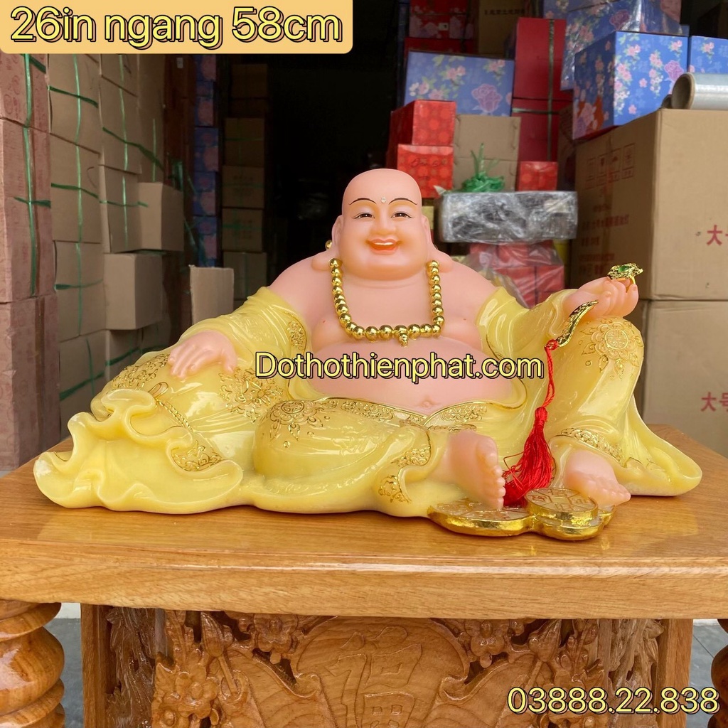 Tượng phật di lặc đá 12in ngang 27 cm màu vàng rất đẹp nhiều kích thước