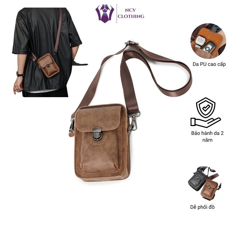 Túi đeo chéo nam mini da pu cao cấp đựng điện thoại, túi bao tử, túi đeo hông, túi đeo ngực phong cách lịch lãm-NCV2802