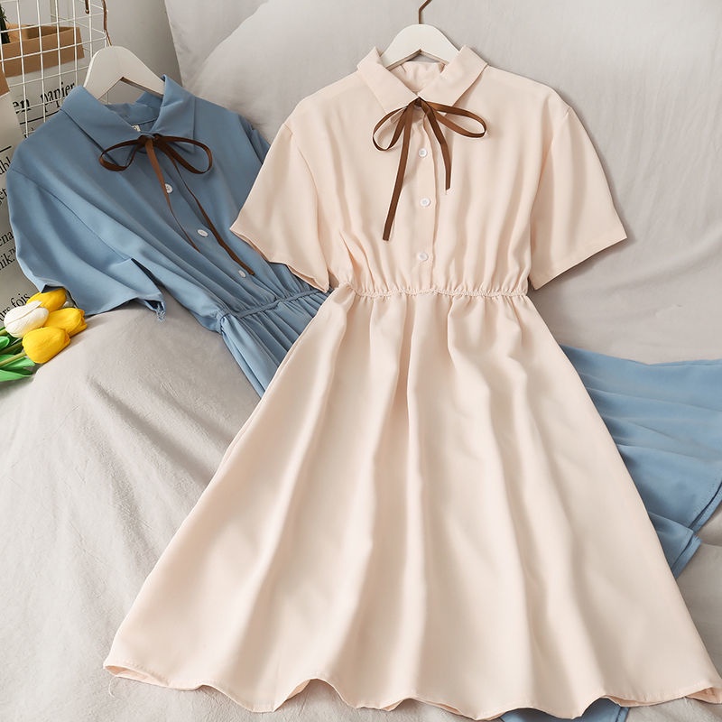 Đầm Chiffon Tay Ngắn Lưng Cao Thắt Dây Phong Cách Hàn Quốc Thời Trang Mùa Hè Mới Cho Nữ