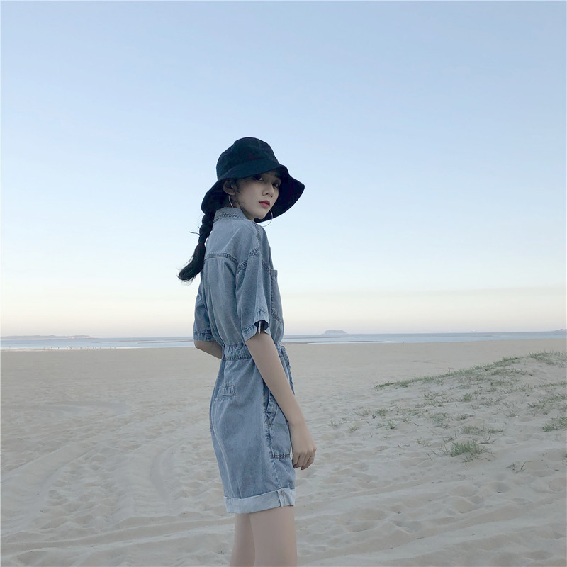 Áo liền quần denim dáng ngắn ống rộng eo cao tay ngắn màu xanh dương nhạt thời trang mùa hè cho nữ