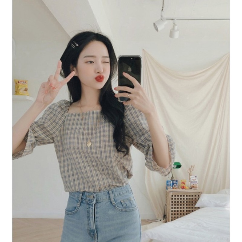 Áo kiểu phối sọc caro phong cách thời trang Hong Kong cá tính cho phái nữ | BigBuy360 - bigbuy360.vn