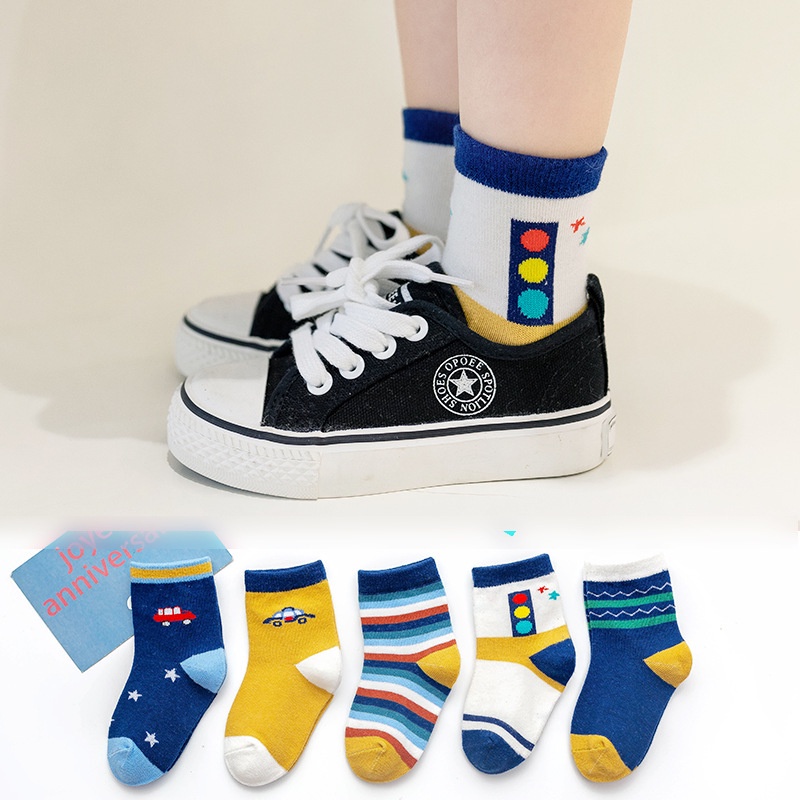 Set 5 Tất Cho Bé Trai Bé Gái In Hình Đáng Yêu Dày Ấm Cao Cổ Chất Cotton