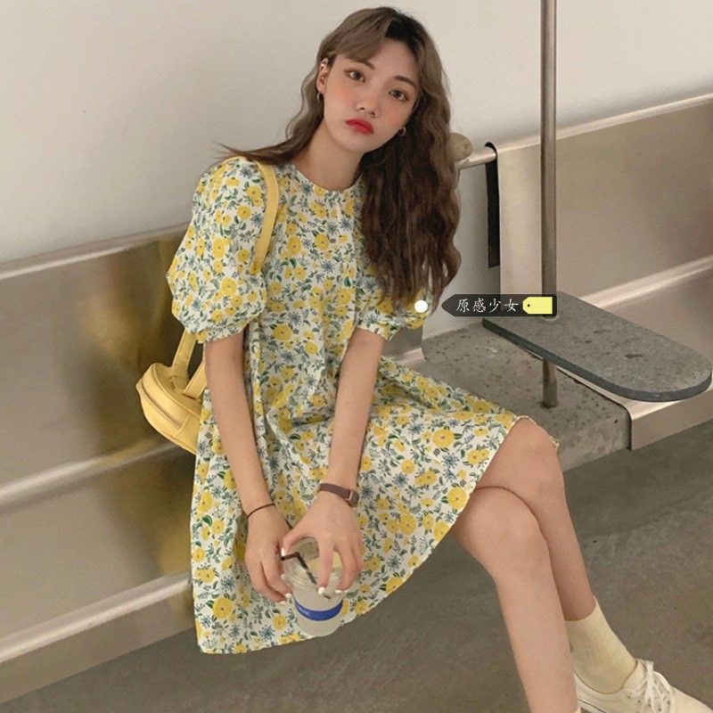 (ORDER) Váy tay phồng dáng babydoll xòe ngắn màu hoa vàng style đáng yêu kiểu Pháp (new_hot)