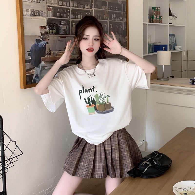 Áo Thun Tay Ngắn Cổ Tròn Dáng Rộng In Họa Tiết Dễ Thương Phong Cách Hàn Quốc