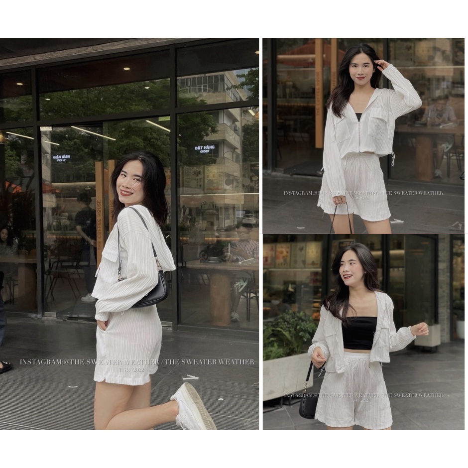 Set thể thao áo khoác nhăn dài tay quần short