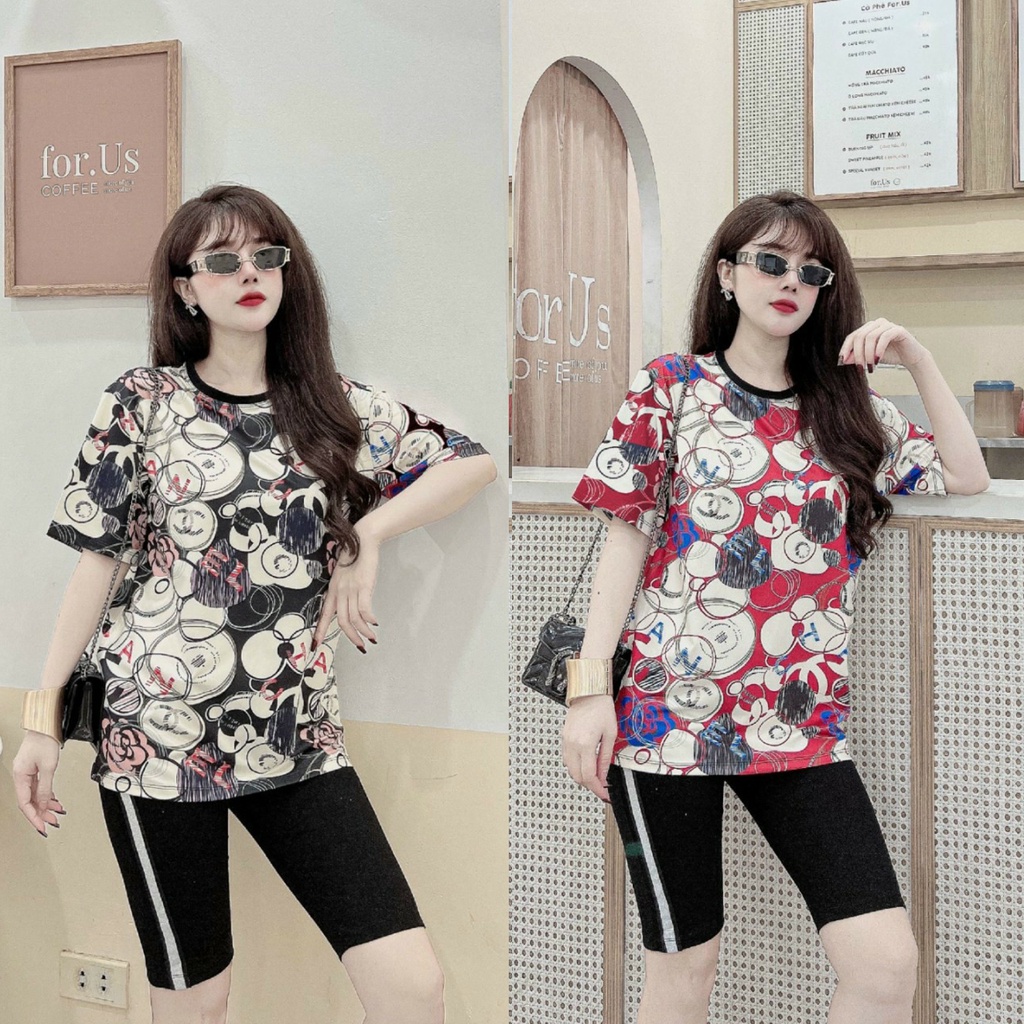 Đồ bộ thun ngố viền kim tuyến họa tiết in 3D (2 màu đen, đỏ)