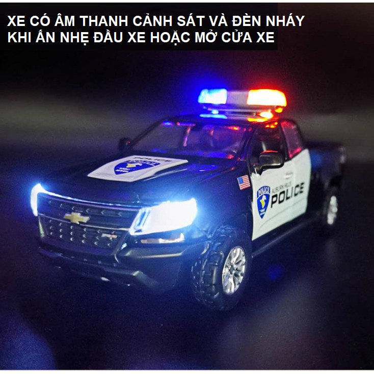 Mô hình xe ô tô cảnh sát bán tải Chevrolet 1:32 xe bằng kim loại có âm thanh cánh sát và đèn mở được cửa