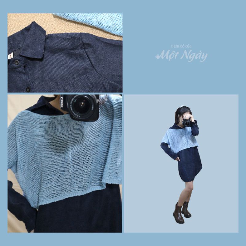 Set váy denim phối áo choàng len style Hàn Quốc