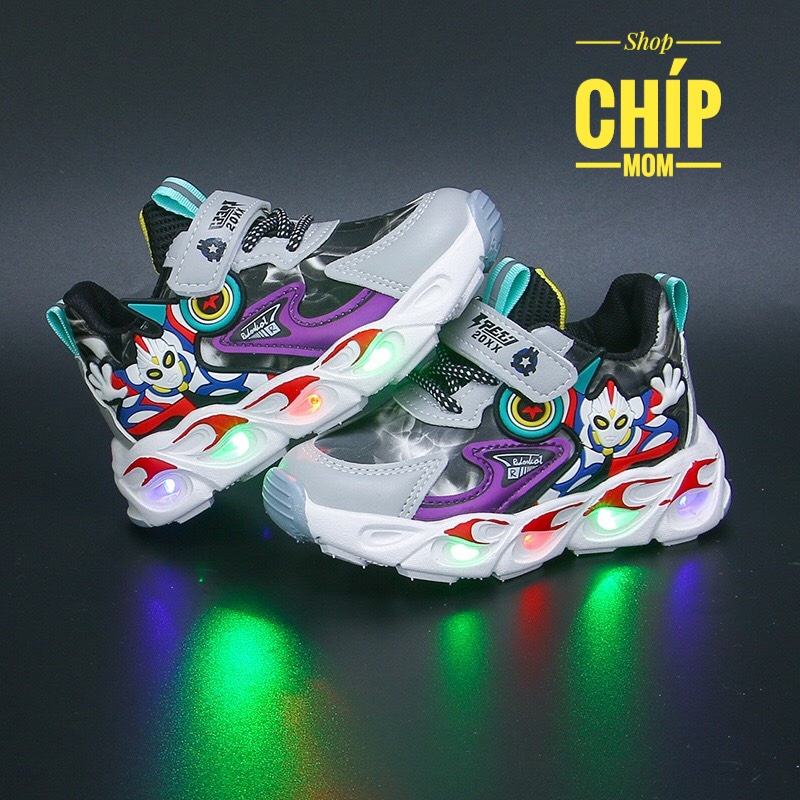 giày thể thao bé trai siêu nhân da bóng mềm có quai dán tùy chỉnh đèn led ngoài nhấp nháy  siêu nhẹ QCCC full hộp A58