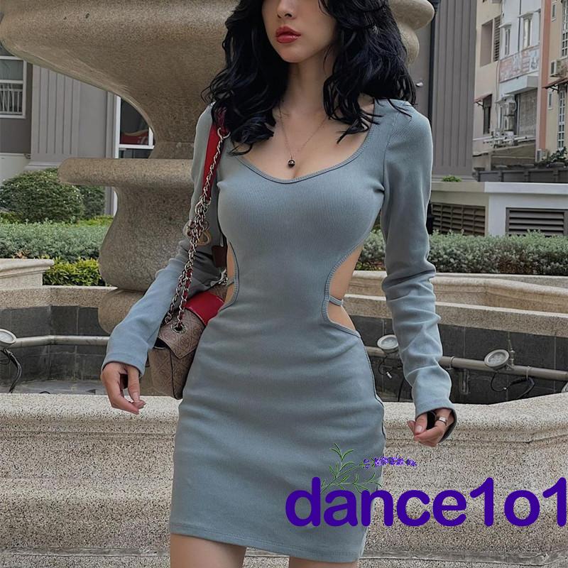 dance1o1-Đầm tay dài cổ chữ v màu trơn thiết kế hở lưng quyến rũ
