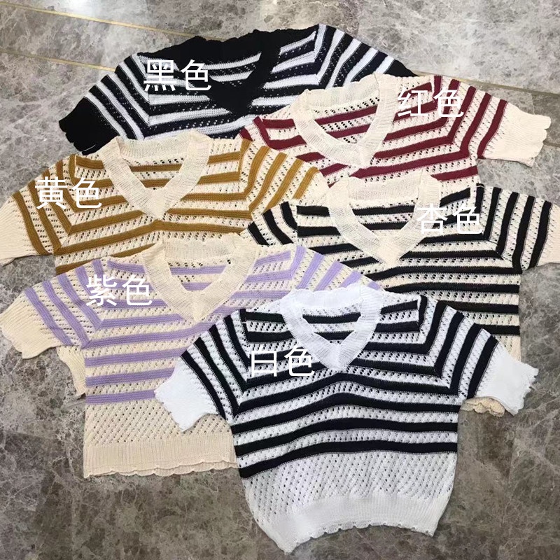 SUXI Áo Dệt Kim Ngắn Tay Cổ Chữ V Form Rộng Họa Tiết Kẻ Sọc Phong Cách Hàn Quốc