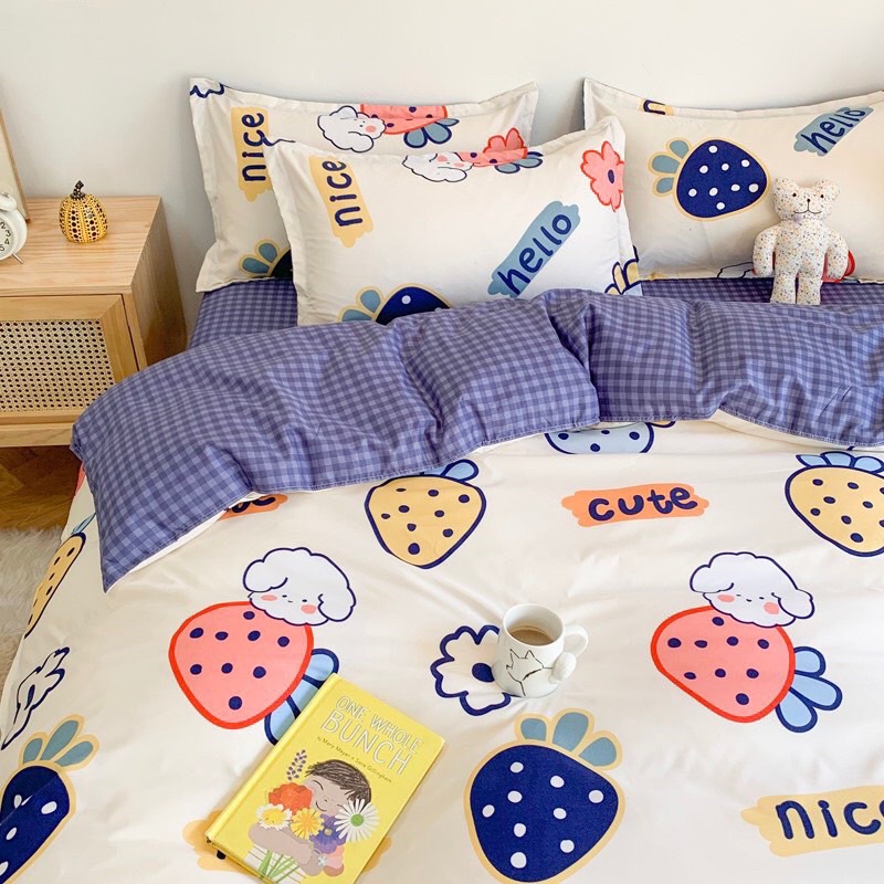 Bộ chăn ga cotton poly Bo Decor chăn ga Hàn Quốc họa tiết Gấu và Thỏ đủ size miễn phí bo chun