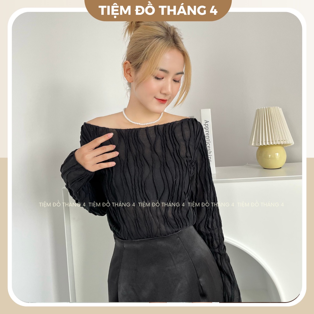 Áo Trễ Vai Nữ Trắng Đen Dập Nổi Phối Váy Dài, Áo Kiểu Nữ Trắng Đen Dập Nổi Phối Váy Dài Sang Chảnh Mới 2022 - MOLISA TOP