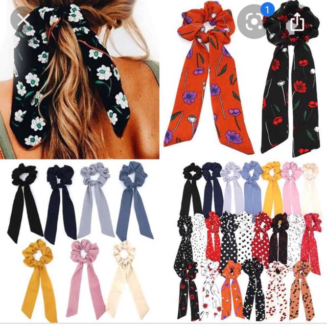 2 Set cắt sẵn may scrunchies trơn và họa tiết giao ngẫu nhiên, gồm mảnh vải 10cmx 50cm và dây thun của Vải rẻ HB shop