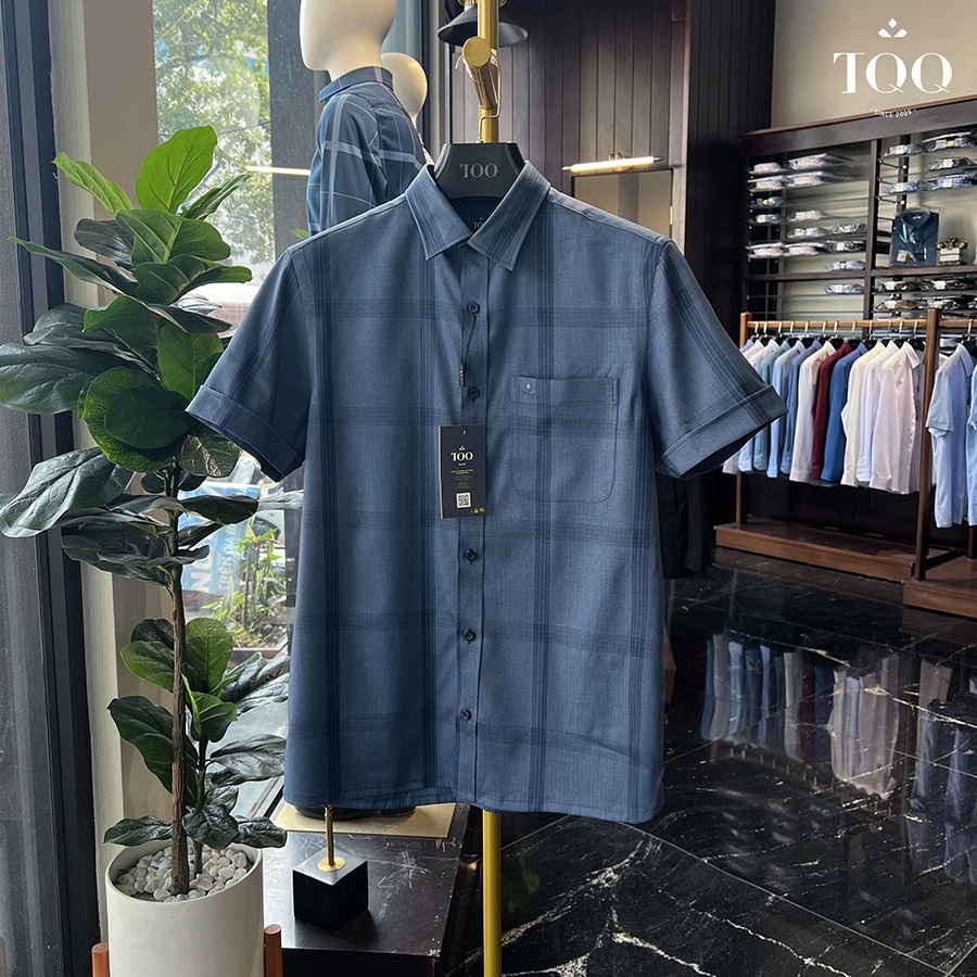 Áo sơ mi nam ngắn tay TQQ có co dãn hạn chế nhăn dáng Slimfit công sở ôm nhẹ K423CSC-CB màu xanh lông công