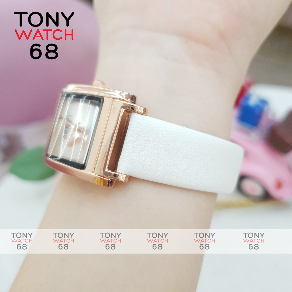 Đồng hồ nữ Skmei mặt vuông dây da đỏ trắng chính hãng chống nước Tony Watch 68