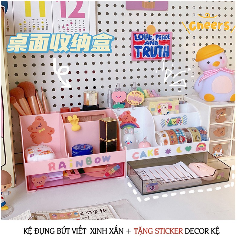 Kệ bút có ngăn kéo màu trắng đa năng + tặng sticker decor kệ