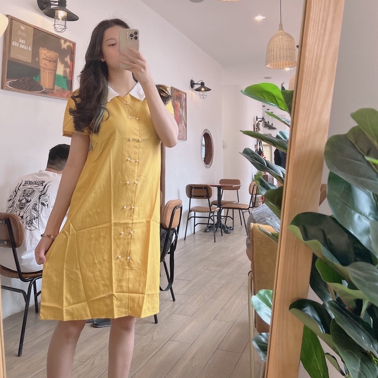 Đầm bầu ngắn tay cổ trắng đính hạt chai thời trang MSP258 vải cát hàn mềm mát Mom and Baby