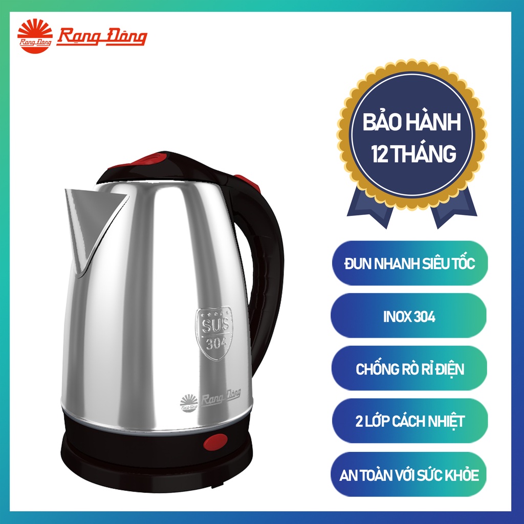 Ấm siêu tốc đun nước Rạng Đông 1,8L siêu bền, cách điện an toàn, inox 304